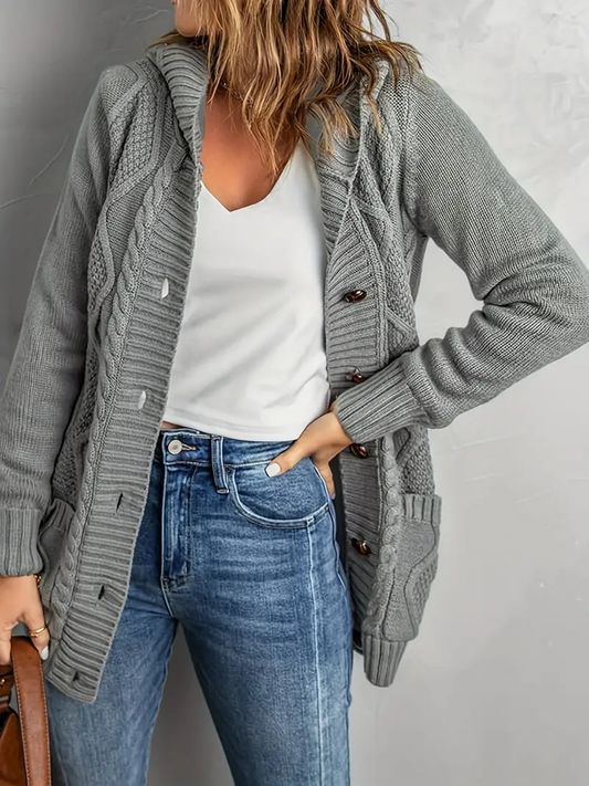 Long Sleeve Button Down Knit Hooded Sweater