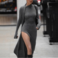 Mock Neck Wrap Ruched Long Sleeve Slit Maxi Dress
