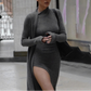 Mock Neck Wrap Ruched Long Sleeve Slit Maxi Dress