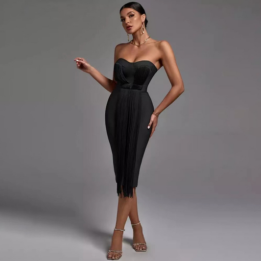 Strapless Sleeveless Tassels Midi Bandage Dress