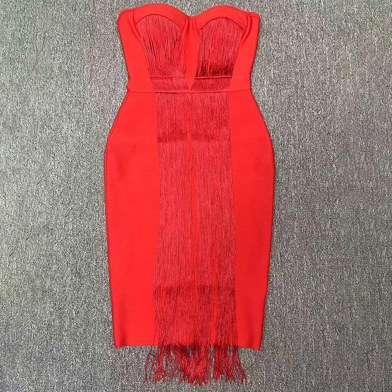 Strapless Sleeveless Tassels Midi Bandage Dress