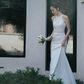 Column Ruched Halter Sleeveless Sweep Train Wedding Dress