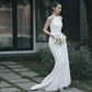 Column Ruched Halter Sleeveless Sweep Train Wedding Dress