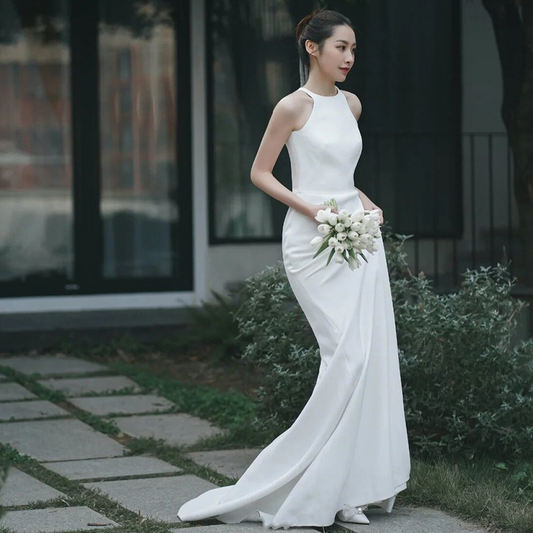 Column Ruched Halter Sleeveless Sweep Train Wedding Dress
