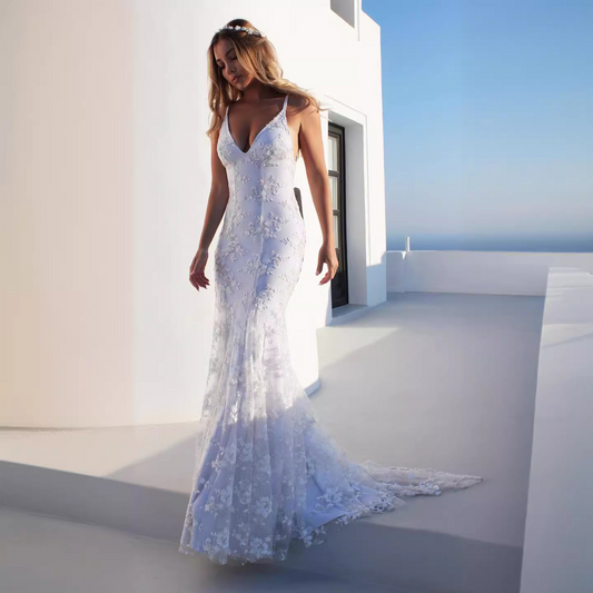 Mermaid Spaghetti Straps Sleeveless Lace Court Train Wedding Dress