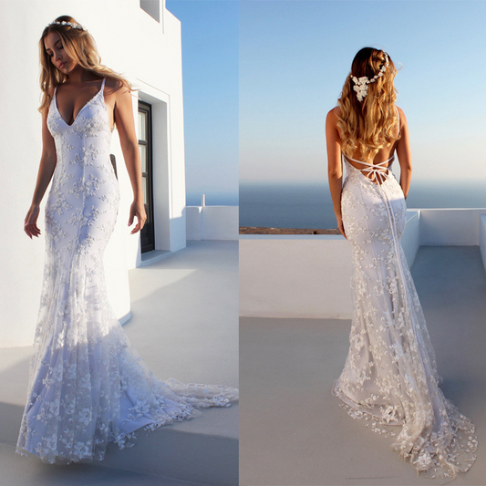 Mermaid Spaghetti Straps Sleeveless Lace Court Train Wedding Dress