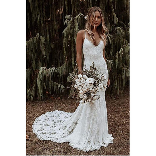 Column Lace V-neck Sleeveless Court Train Wedding Dress