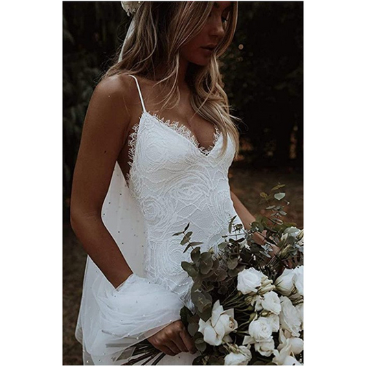 Column Lace V-neck Sleeveless Court Train Wedding Dress