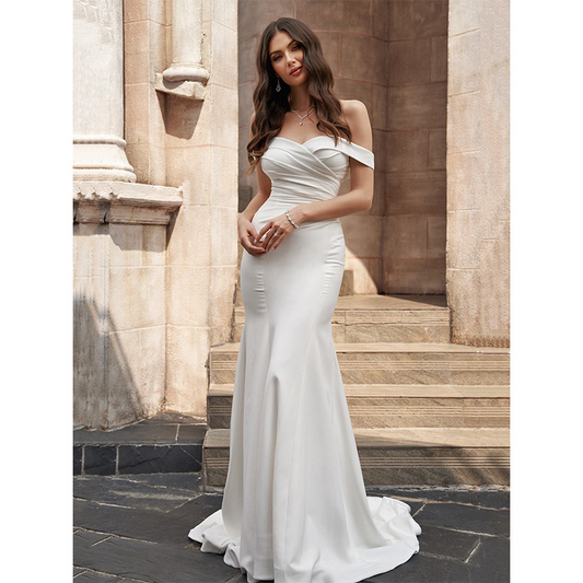 Mermaid Off-the-Shoulder Ruched Sleeveless Court Train Wedding Dress