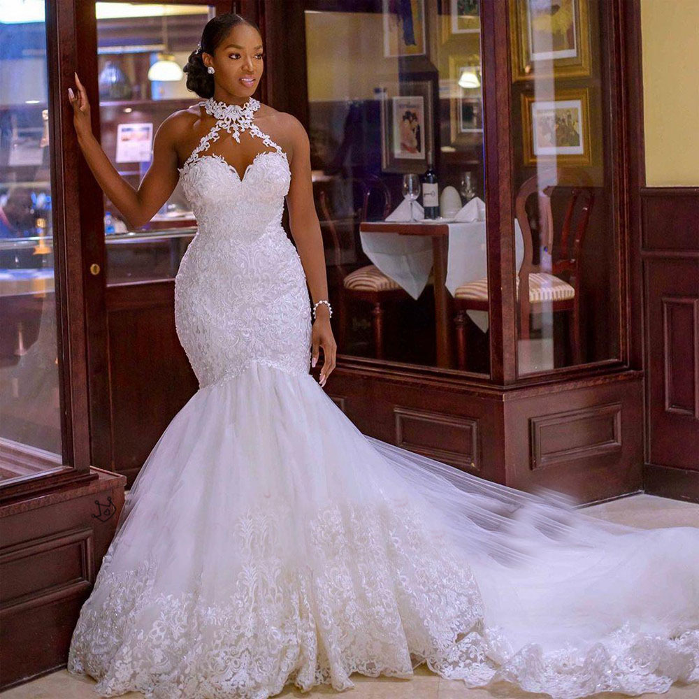 Trumpet Tulle Lace Halter Sleeveless Sweep Train Wedding Dress