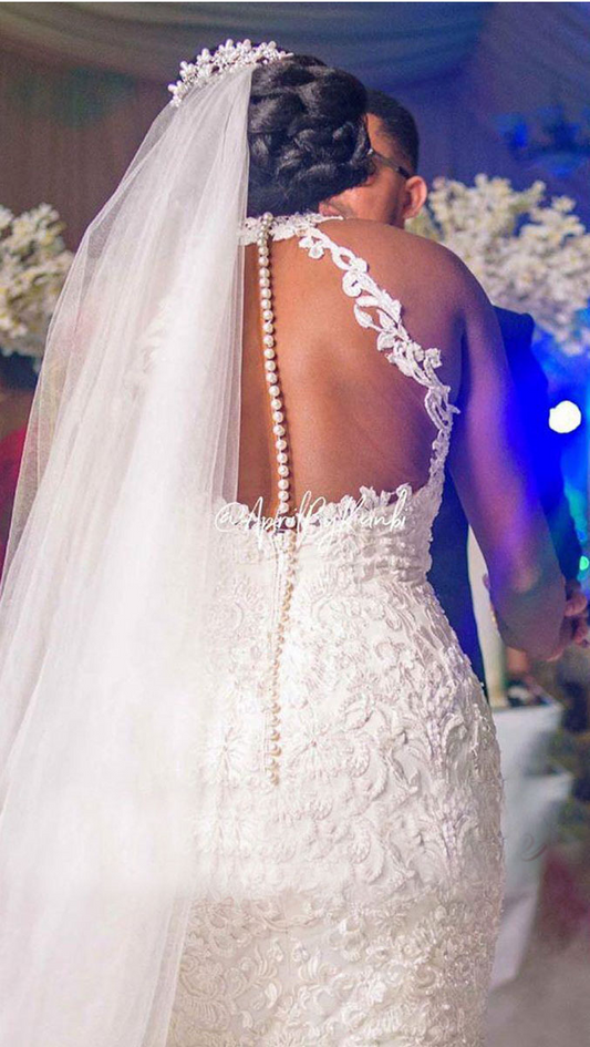 Trumpet Tulle Lace Halter Sleeveless Sweep Train Wedding Dress