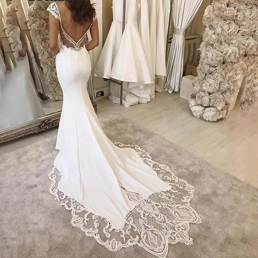 Column Stretch Crepe Lace V-neck Sleeveless Sweep Train Wedding Dress