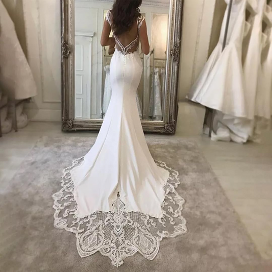 Column Stretch Crepe Lace V-neck Sleeveless Sweep Train Wedding Dress