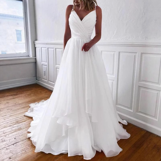 A-Line Ruffles V-neck Sleeveless Court Train Wedding Dress