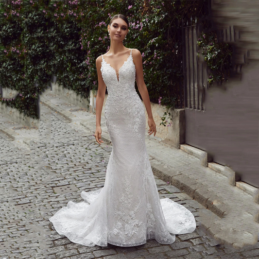 Mermaid Lace Applique V-neck Sleeveless Sweep Train Wedding Dress