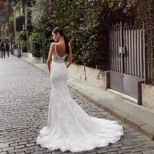 Mermaid Lace Applique V-neck Sleeveless Sweep Train Wedding Dress