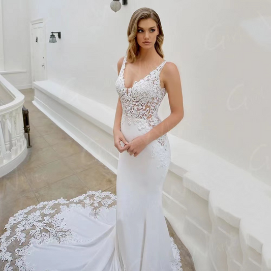 Sheath Stretch Crepe Lace V-neck Sleeveless Cathedral Train Wedding Dress