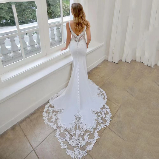Sheath Stretch Crepe Lace V-neck Sleeveless Cathedral Train Wedding Dress