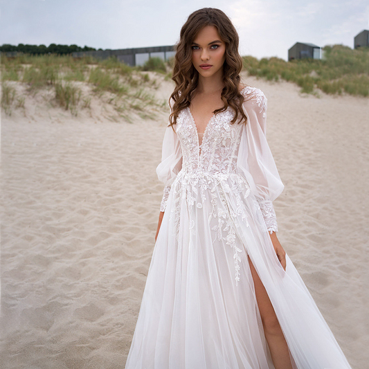A-Line Tulle Applique V-neck Sleeveless Sweep Train Wedding Dress