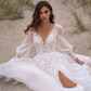 A-Line Tulle Applique V-neck Sleeveless Sweep Train Wedding Dress