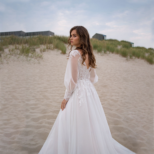 A-Line Tulle Applique V-neck Sleeveless Sweep Train Wedding Dress