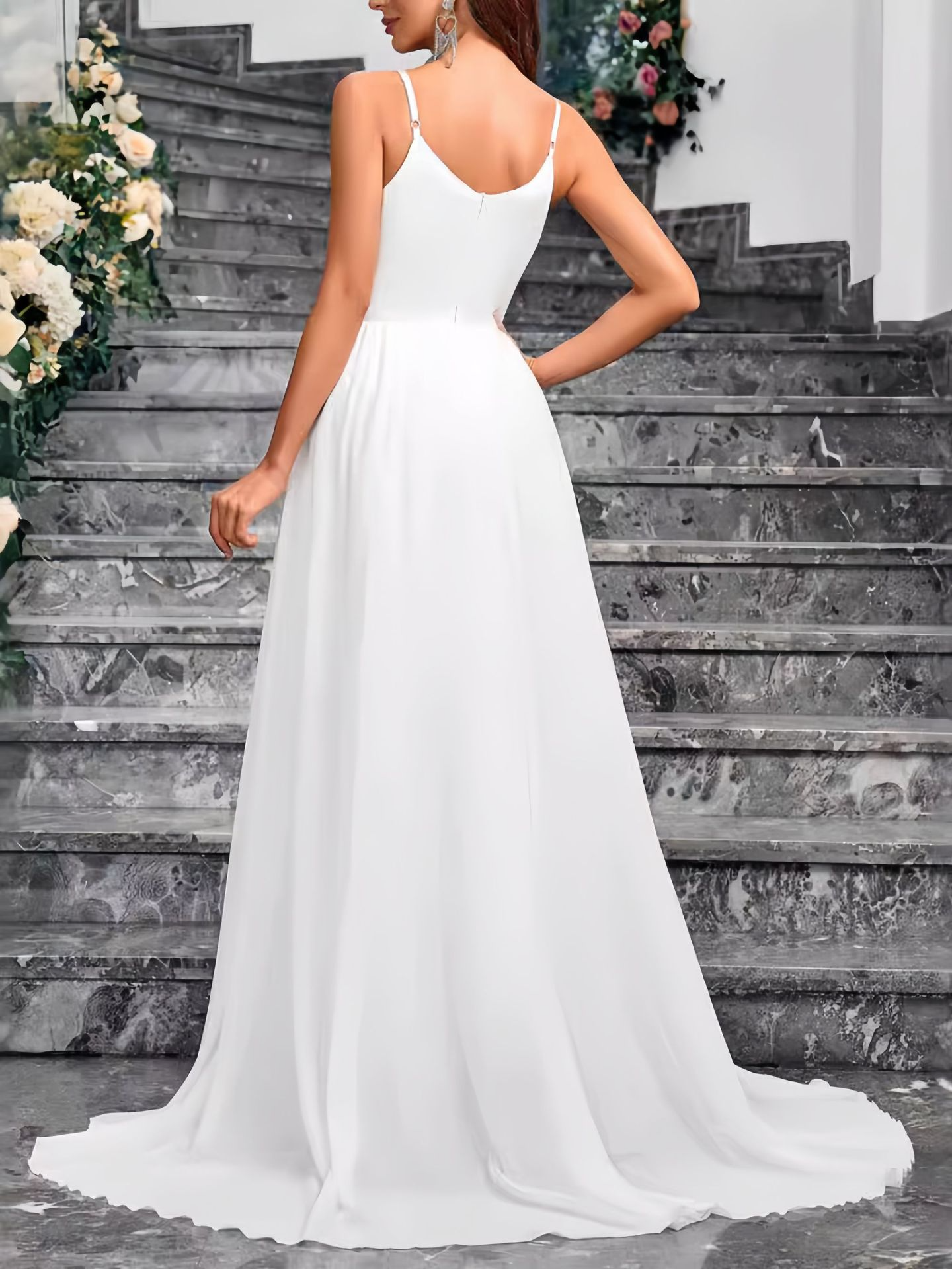 A-Line Organza Ruffles V-neck Sleeveless Court Train Wedding Dress