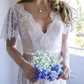 A-Line Lace V-neck Short Sleeves Sweep Train Wedding Dress