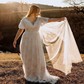 A-Line Lace V-neck Short Sleeves Sweep Train Wedding Dress