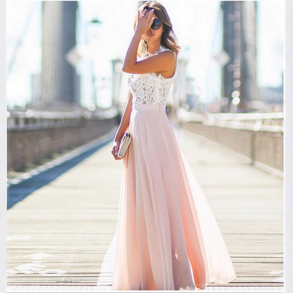 Lace Long Sleeveless Prom Dress Chiffon Floor Length