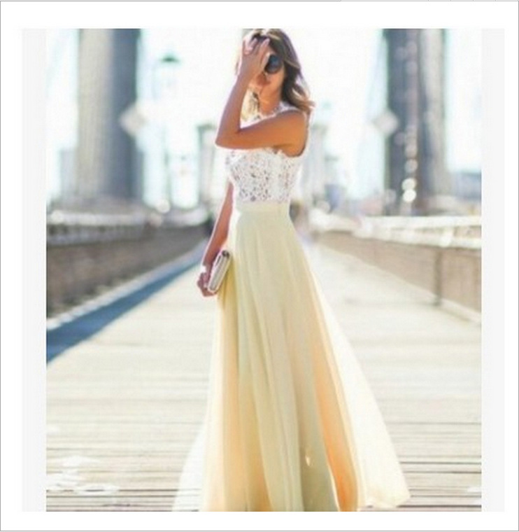 Lace Long Sleeveless Prom Dress Chiffon Floor Length