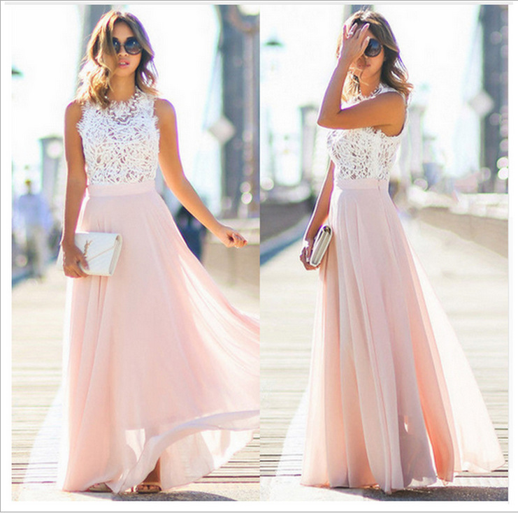 Lace Long Sleeveless Prom Dress Chiffon Floor Length