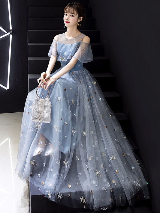 Elegant Tulle Bateau High Neck Off-the-shoulder A Line Prom Dress