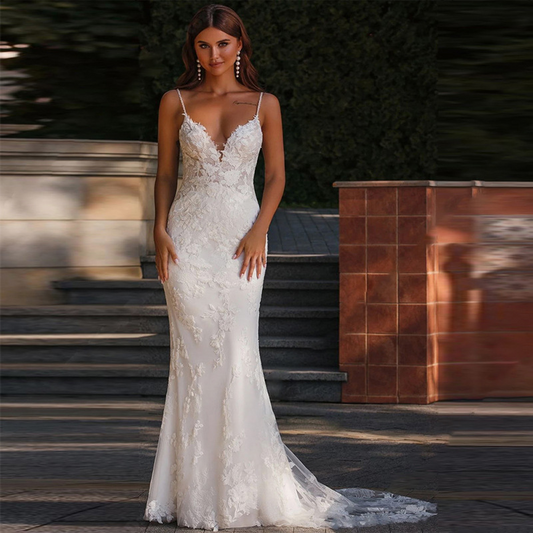 Beach Floral Lace Spaghetti Strap Plunging Neckline Bridal Gown