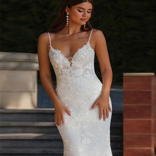 Beach Floral Lace Spaghetti Strap Plunging Neckline Bridal Gown