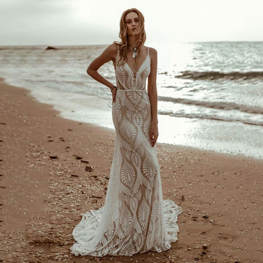 Floral Mermaid Plunging Boho Lace Wedding Dress