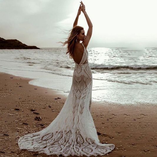 Floral Mermaid Plunging Boho Lace Wedding Dress