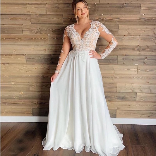 Floral Long Sleeve Plus Size A-Line Lace Summer Wedding Dress