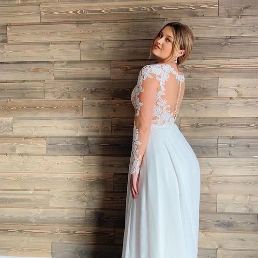 Floral Long Sleeve Plus Size A-Line Lace Summer Wedding Dress
