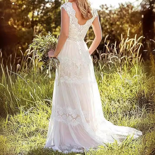 Beach V-Neck Long Cap-Sleeve Appliqued Lace Wedding Dress