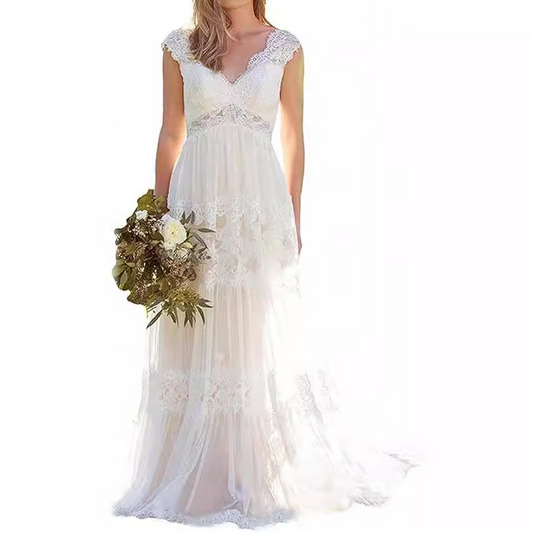 Beach V-Neck Long Cap-Sleeve Appliqued Lace Wedding Dress