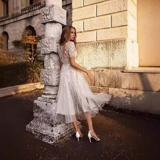 Boho Short Sleeves Midi Lace Wedding Dress