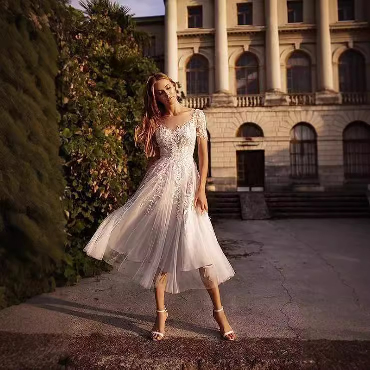 Boho Short Sleeves Midi Lace Wedding Dress