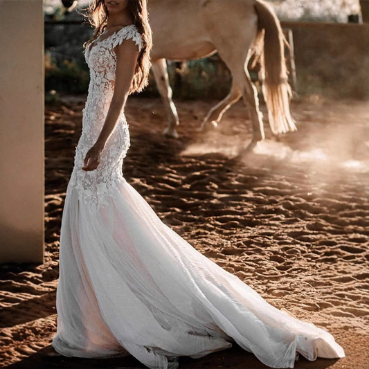 Elegant Floral V-neck Casual Long Wedding Gown