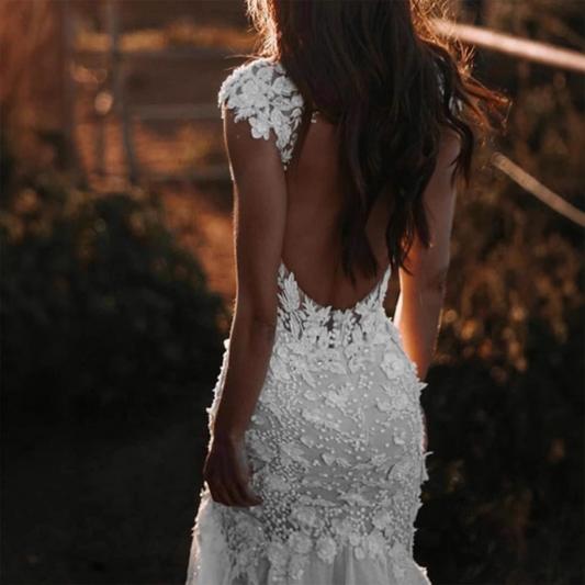 Elegant Floral V-neck Casual Long Wedding Gown