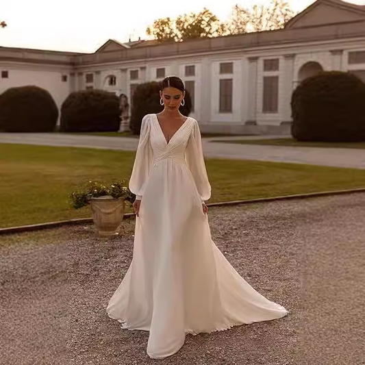 V-neck A-Line with Sweep Train Long Sleeve Wedding Dress