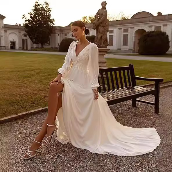 V-neck A-Line with Sweep Train Long Sleeve Wedding Dress
