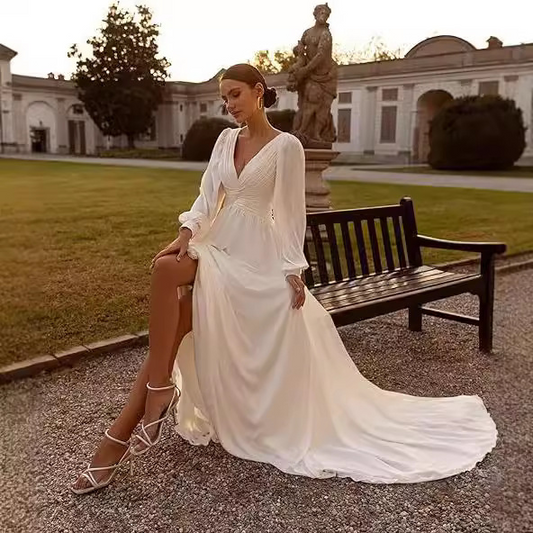 V-neck A-Line with Sweep Train Long Sleeve Wedding Dress