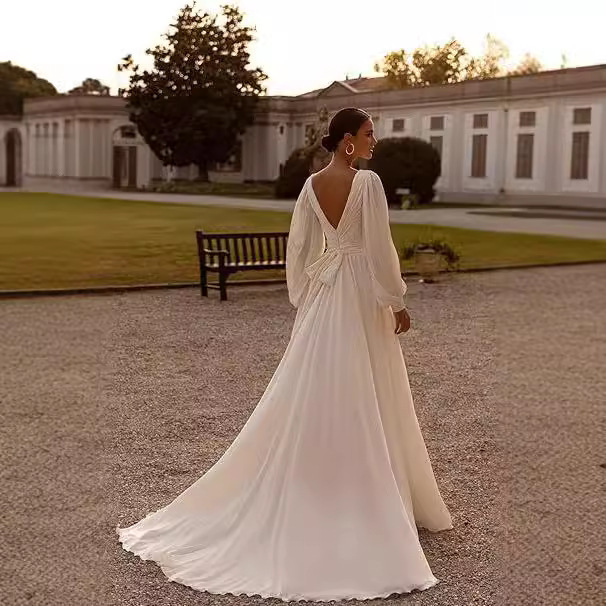 V-neck A-Line with Sweep Train Long Sleeve Wedding Dress
