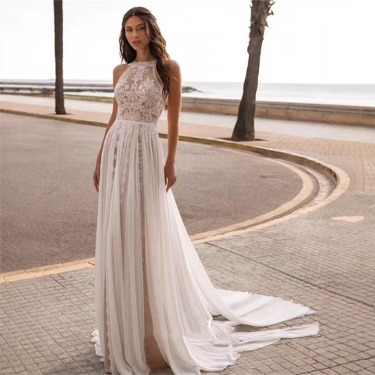 A-Line Lace Sleeveless Beach Wedding Dress