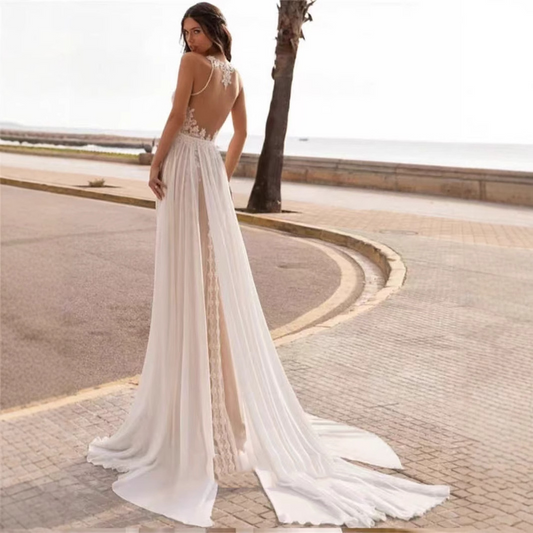 A-Line Lace Sleeveless Beach Wedding Dress